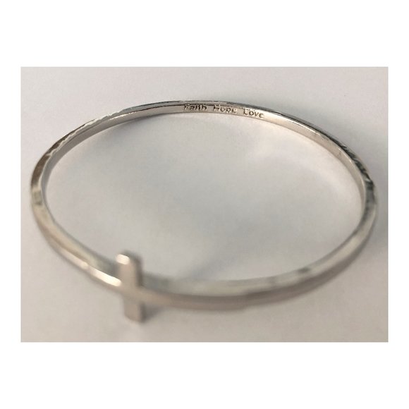 Silver Tone Pewter Sideways Cross Bangle Bracelet Faith Hope Love BSD Christian - Picture 3 of 7